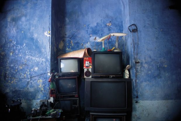 10_Still life with blue arcade,  stacked televisions and percolator